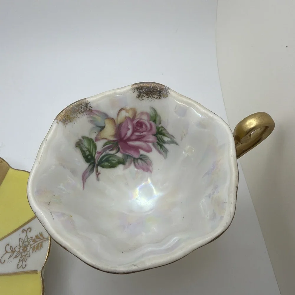 Vintage Wales Porcelain Footed Tea Cup Saucer Set Yellow Gold Lusterware Rose
